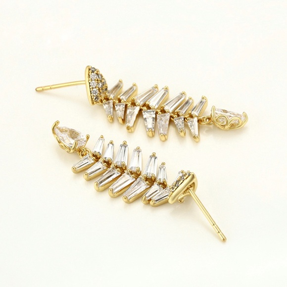 Fishbone Earrings 14k Gold Plated CZ Stone Luxury Jewelry - Picture 6 of 11
